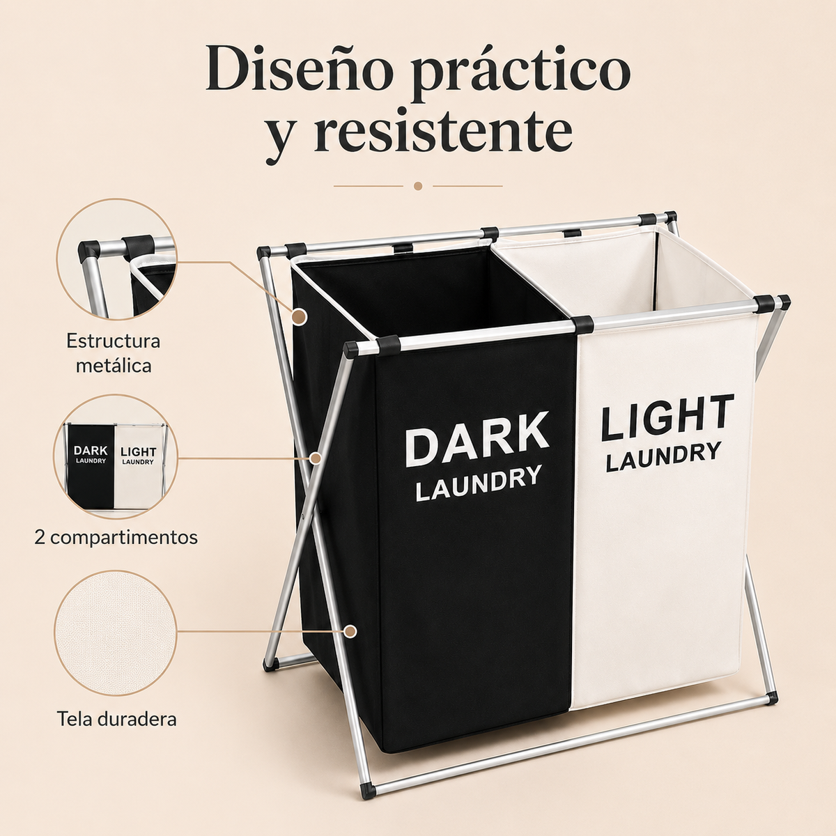 Cesto Organizador de Ropa Sucia 2 Compartimentos - detalle de la estructura