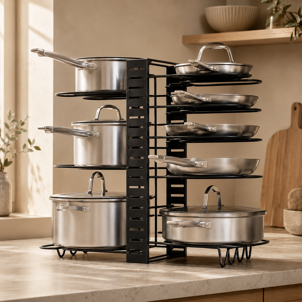 Organizador de Ollas y Sartenes 8 Niveles Ajustable - en la cocina