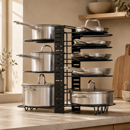 Organizador de Ollas y Sartenes 8 Niveles Ajustable - en la cocina