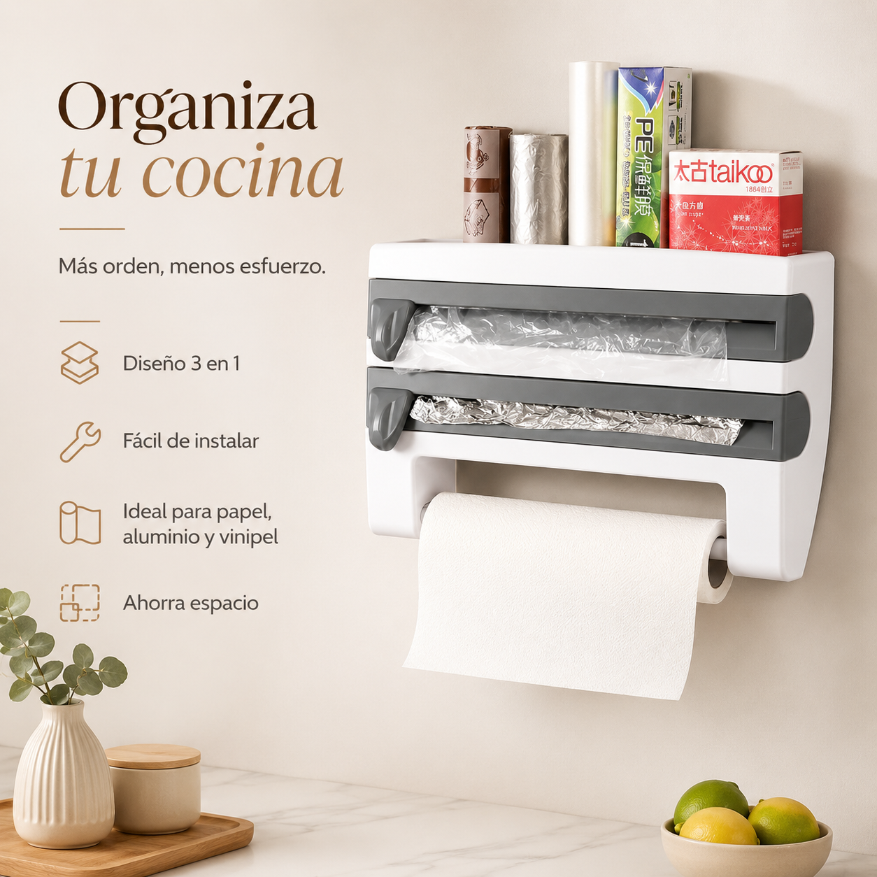 Porta Rollo de Cocina 4 en 1 con Cuchillas y Estante - detalle