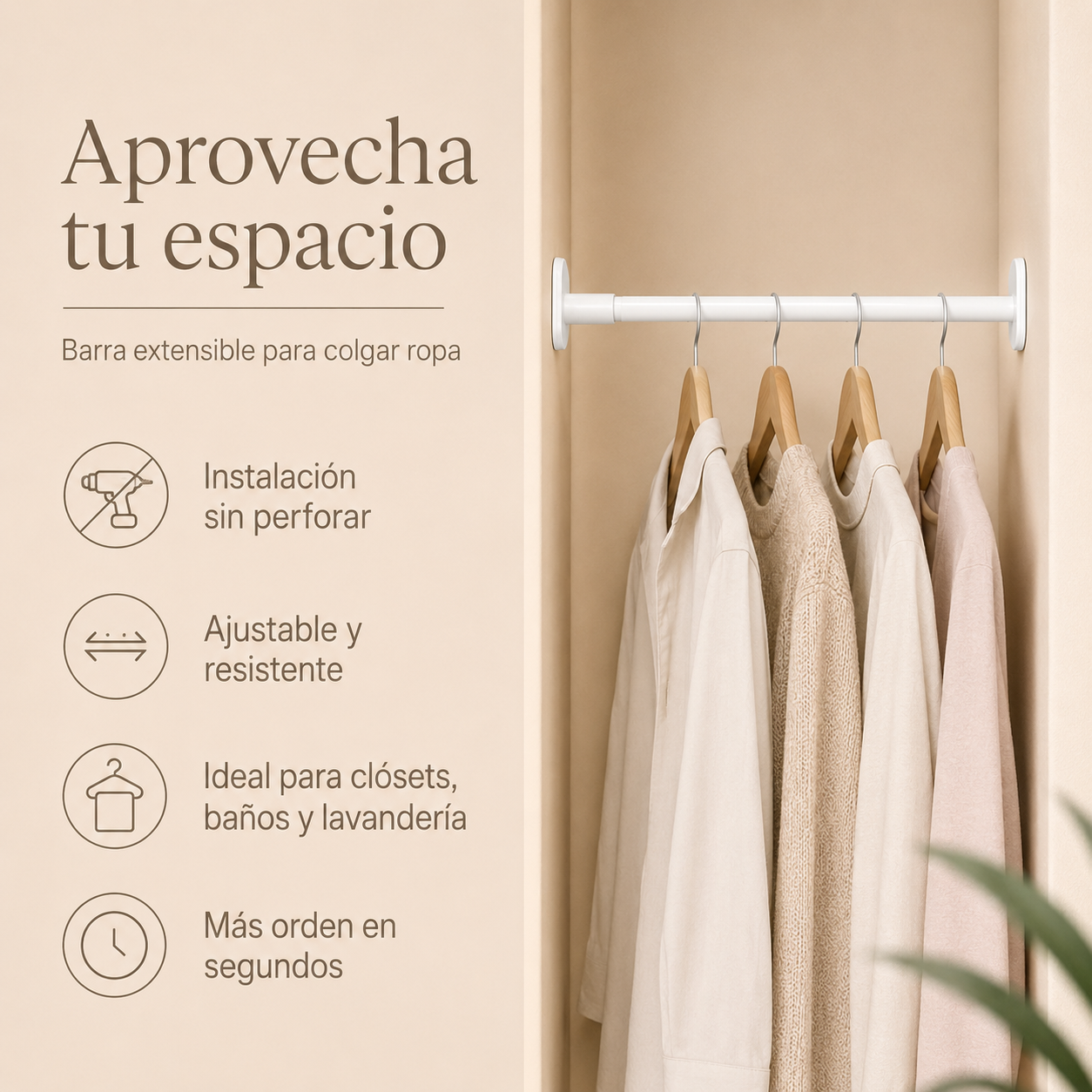 Tubo Ajustable para Colgar Ropa 90-160 cm - instalado en closet