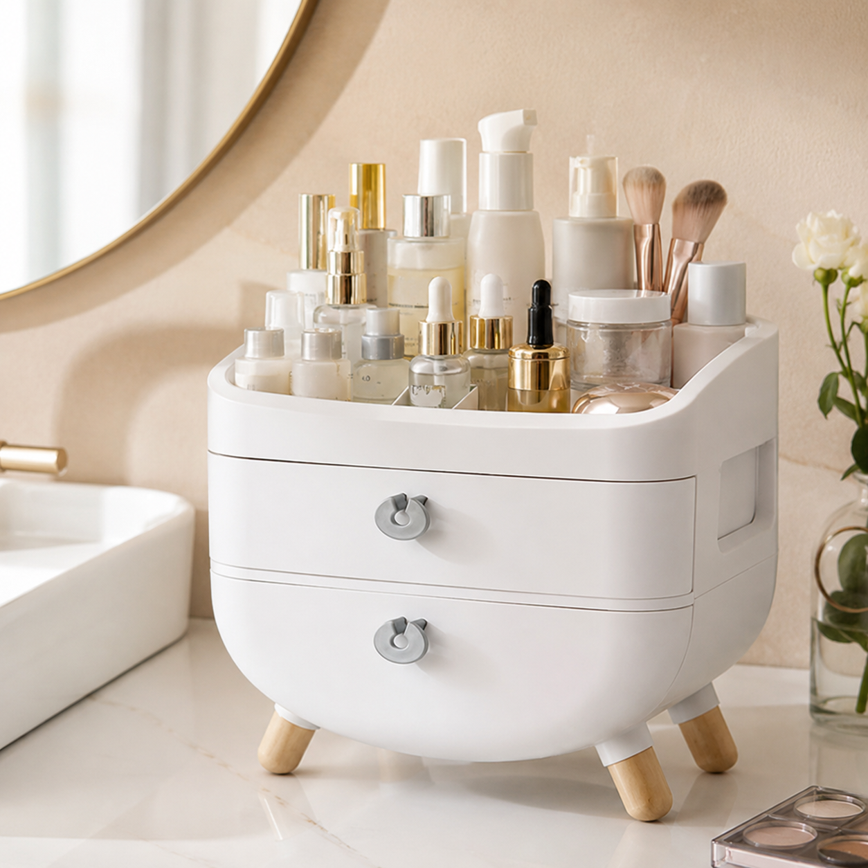 Organizador de Maquillaje con 2 Cajones y Patas de Madera - en el tocador