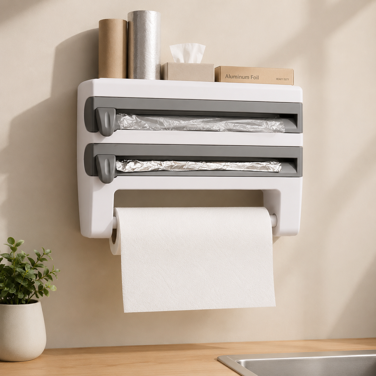 Porta Rollo de Cocina 4 en 1 con Cuchillas y Estante