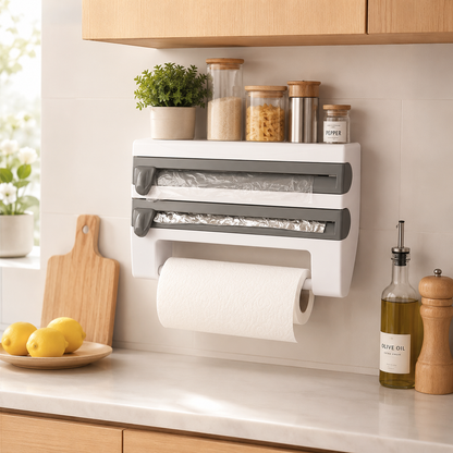 Porta Rollo de Cocina 4 en 1 con Cuchillas y Estante - instalado en pared