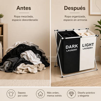 Cesto Organizador de Ropa Sucia 2 Compartimentos - antes y después