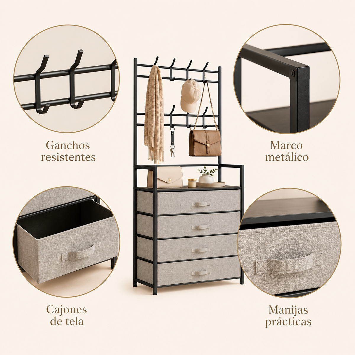 Mueble Organizador con 4 Cajones y Perchero - en la habitación