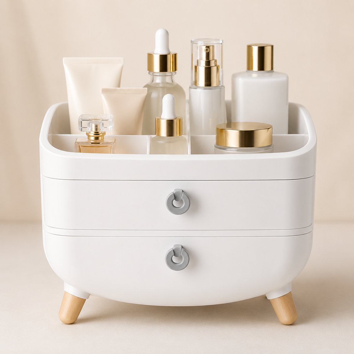 Organizador de Maquillaje con 2 Cajones y Patas de Madera