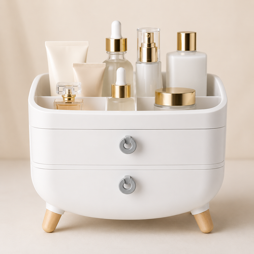 Organizador de Maquillaje con 2 Cajones y Patas de Madera
